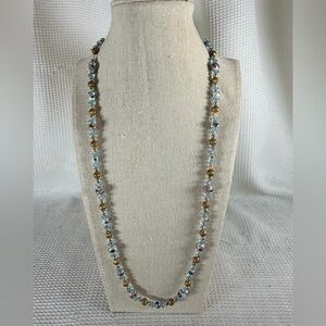 Elegant handmade Beaded Necklace with Cloisonné floral beads Blue ,gold beads